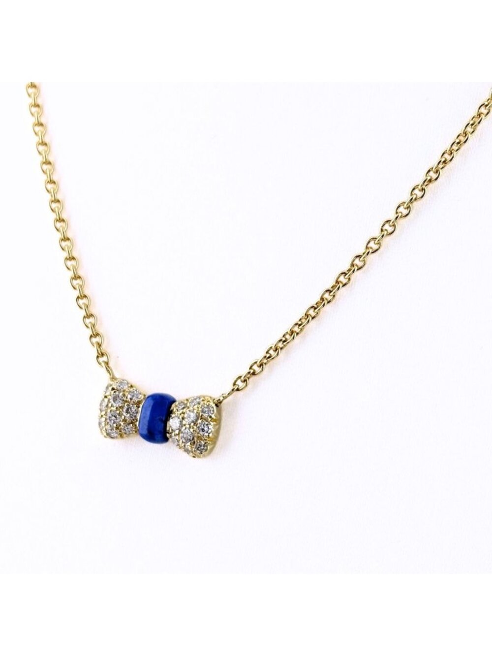 Van Cleef & Arpels Ribbon Motif Necklace YG Yellow Gold Pave Diamond Lapis